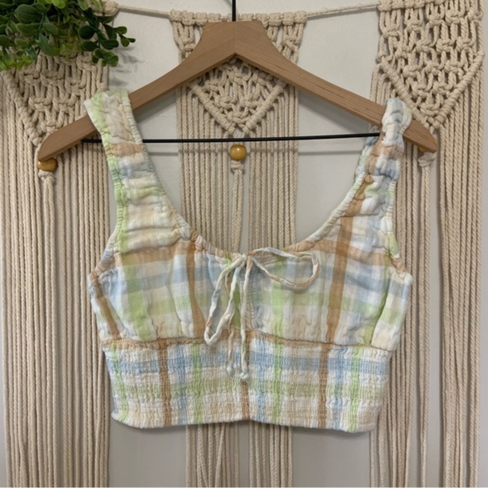 AMERICAN EAGLE Cotton Linen Plaid Smock And Roll‎ Tie Front Smocked Top Medium - Picture 4 of 10